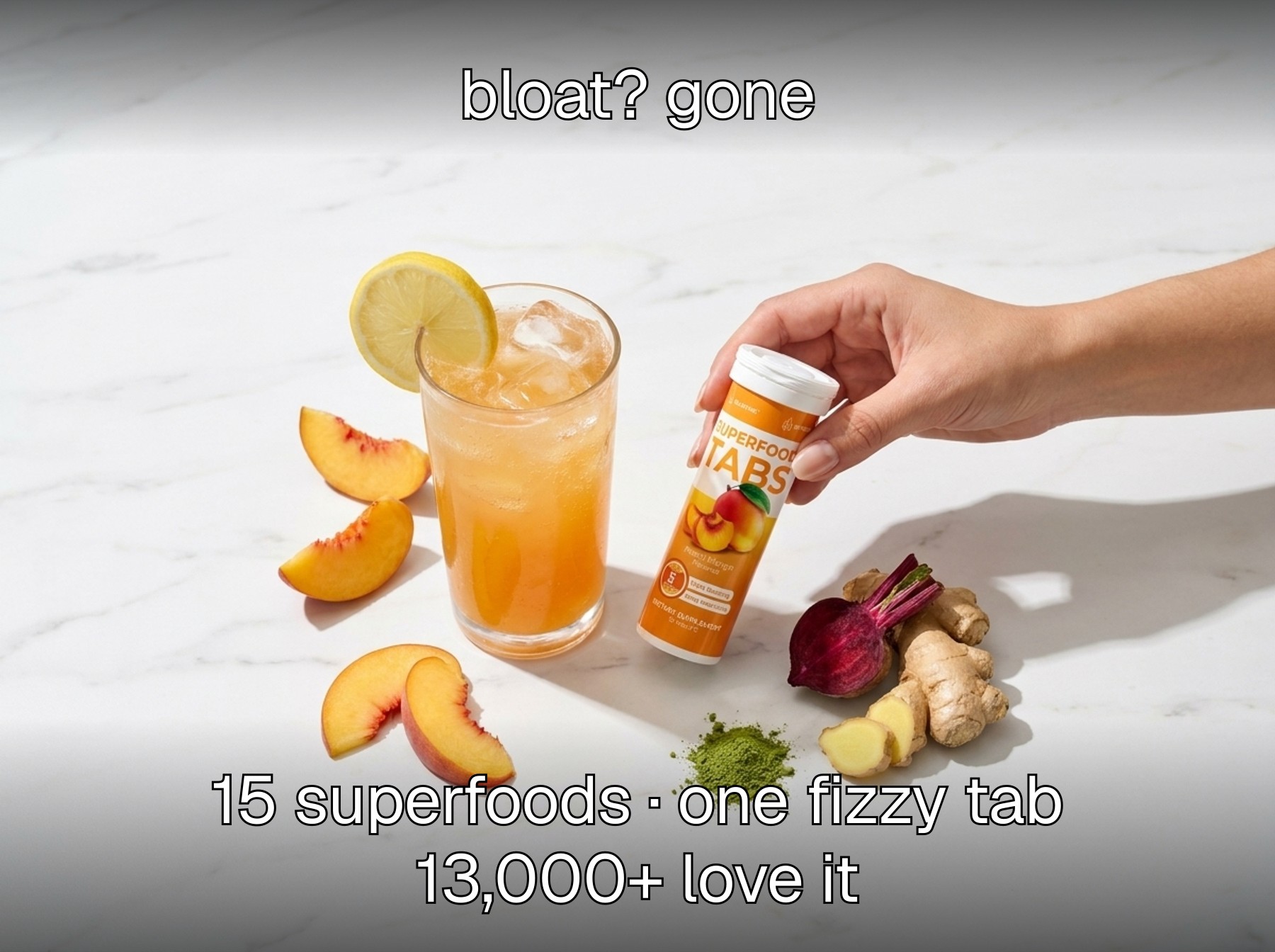 Superfood Tabs Peach Mango — bloat? gone. 15 superfoods, one fizzy tab. 13,000+ love it.