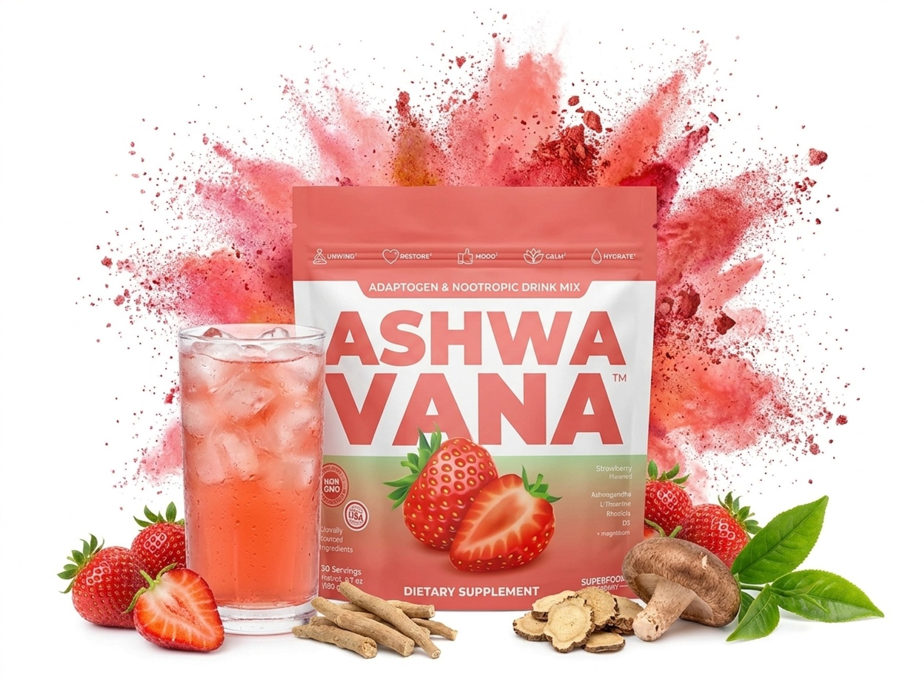 Ashwavana Zen Relax Strawberry adaptogen drink mix pouch with iced strawberry drink and ashwagandha, rhodiola, shiitake and strawberry ingredients on white