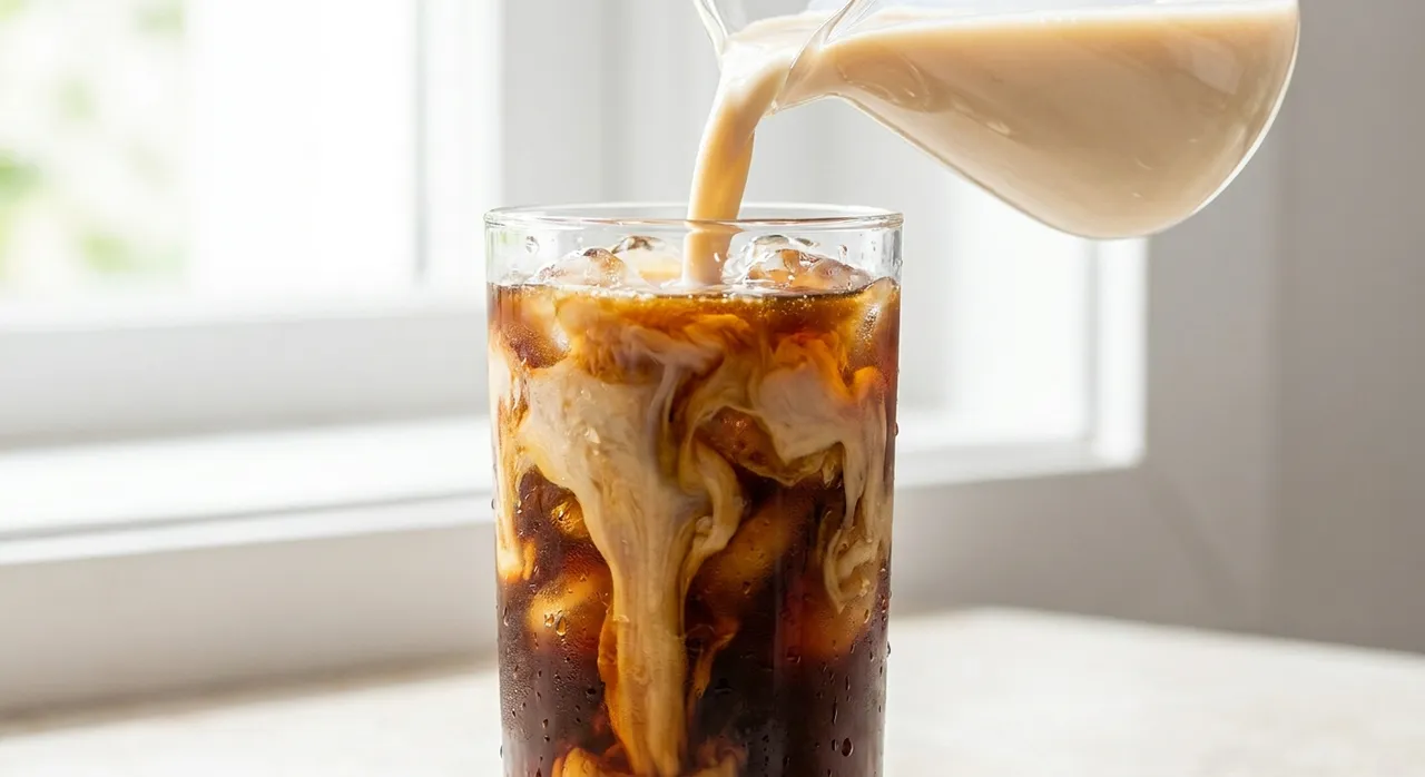 Oat milk being poured into a glass of iced coffee, swirling into ribbons