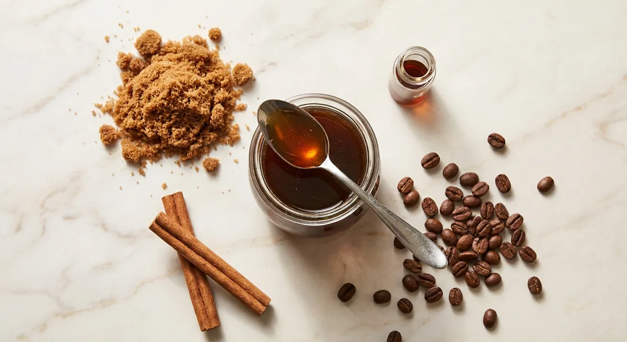 A jar of homemade brown sugar syrup with cinnamon sticks and brown sugar