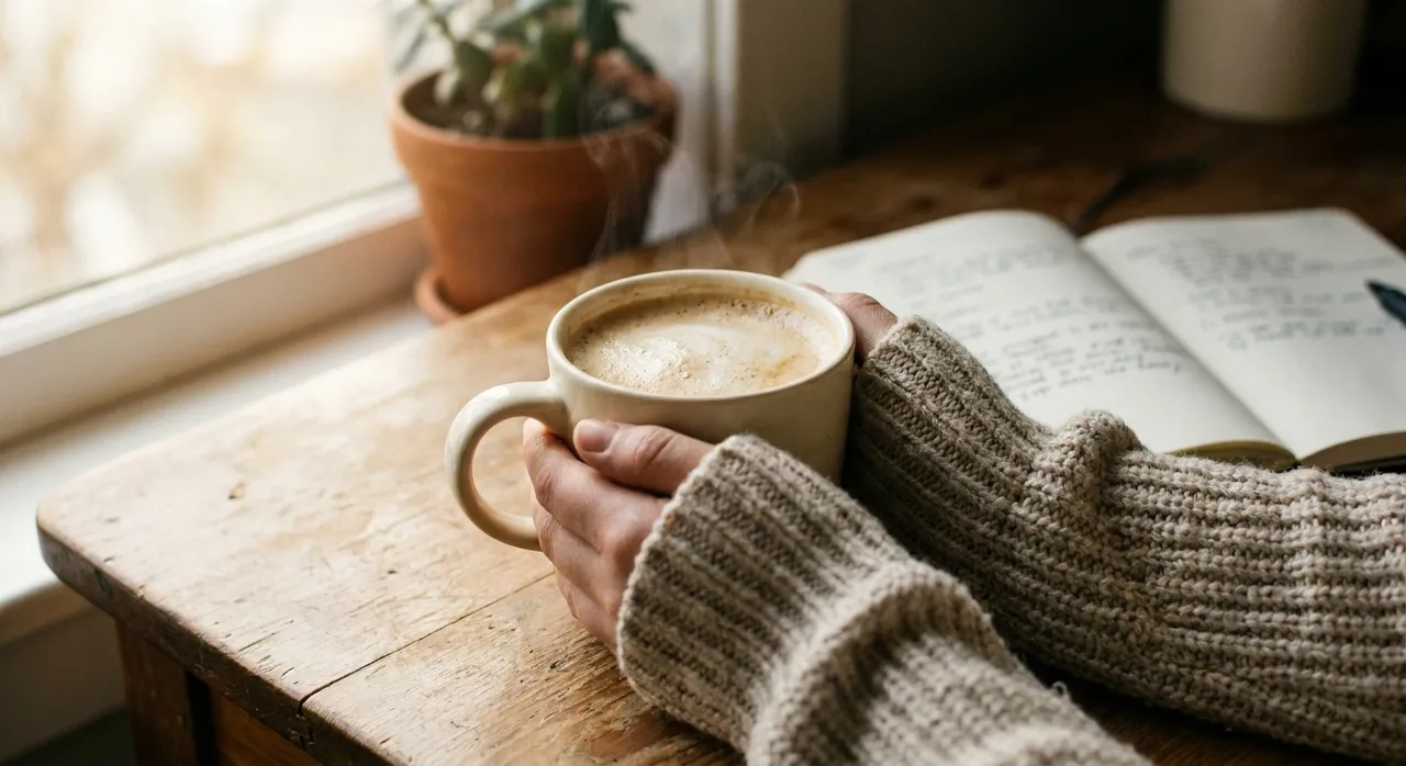 Two hands wrapped around a warm mug of creamy coffee by a sunny kitchen window