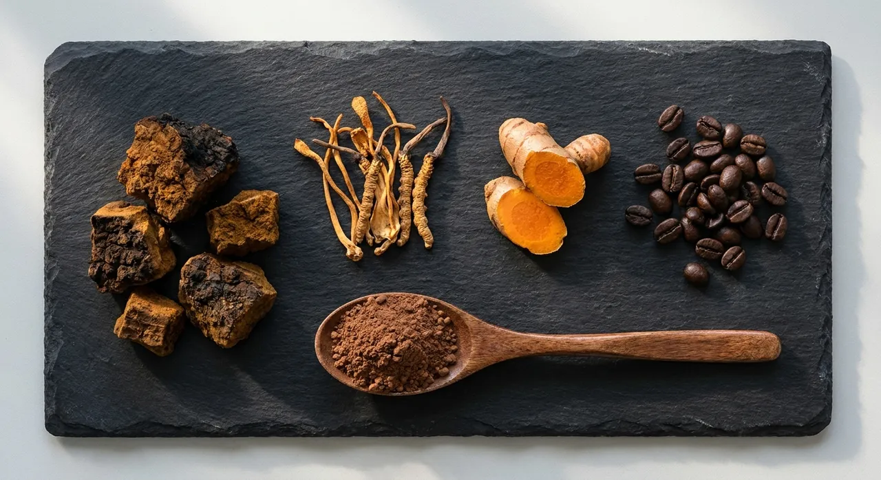 Dried chaga and cordyceps mushrooms, fresh turmeric root, and roasted coffee beans arranged on a dark slate surface